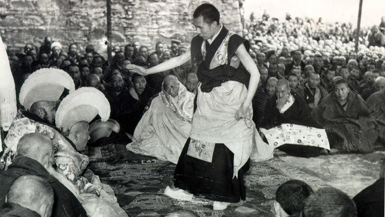 His Holiness during his final Geshe Lharampa examinations in Lhasa, Tibet which took place from the summer of 1958 to February 1959..